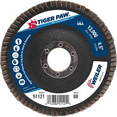 Weiler 51121 Tiger Paw™ Ty29 Coated Abrasive Flap Disc, 4-1/2 In, 80 Grit, 7/8 Arbor, 13,000 Rpm
