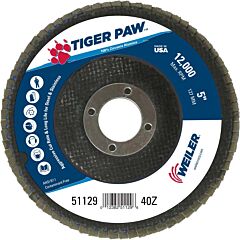 Weiler 51129 Tiger Paw™ Ty29 Coated Abrasive Flap Disc, 5", 40 Grit, 7/8 Arbor, 12,000 Rpm