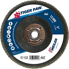 Weiler 51132 Tiger Paw™ Ty29 Coated Abrasive Flap Disc, 5", 40 Grit, 5/8 Arbor, 12,000 Rpm