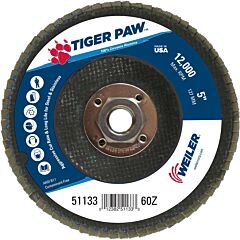 Weiler 51133 Tiger Paw™ Ty29 Coated Abrasive Flap Disc, 5", 60 Grit, 5/8 Arbor, 12,000 Rpm