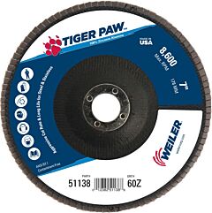 Weiler 51138 Tiger Paw Coated Abrasive Flap Discs, 7", 60 Grit, 7/8 Arbor, Phenolic Back