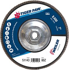Weiler 51143 Tiger Paw Coated Abrasive Flap Discs, 7", 80 Grit, 5/8 Arbor, Phenolic Back