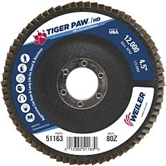 Weiler 51163 Tiger Paw™ Super High Density Flap Disc, 4-1/2 In Dia, 80 Grit, 7/8 In Arbor, 12000 Rpm, Type 27 Flat