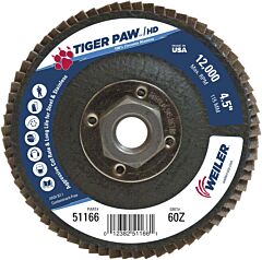 Weiler 51166 Tiger Paw™ Super High Density Flap Disc, 4-1/2 In Dia, 60 Grit, 5/8 In-11 Arbor, 12000 Rpm, Type 27 Flat