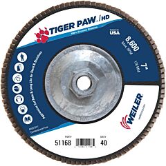 Weiler 51168 Tiger Paw™ Super High Density Flap Disc, 7 In Dia, 40 Grit, 5/8 In-11 Arbor, 8600 Rpm, Type 27 Flat