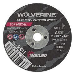 Weiler 56013 Wolverine™ Flat Type 1 Cutting Wheel, 2 In Dia, .035 In Thick, 60 Grit, Aluminum Oxide