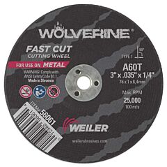 Weiler 56061 Wolverine™ Flat Type 1 Cutting Wheel, 3 In Dia, .035 Thick, 1/4 Arbor, 60 Grit