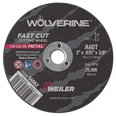 Weiler 56062 Wolverine™ Flat Type 1 Cutting Wheel, 3 In Dia, 0.035 In Thick, 60 Grit, Aluminum Oxide
