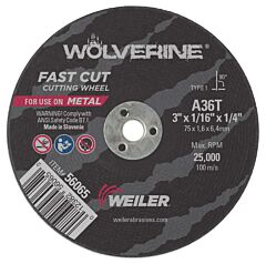 Weiler 56065 Wolverine® Flat Type 1 Cutting Wheel, 3 In Dia, 1/16 Thick, 1/4 Arbor, 36 Grit
