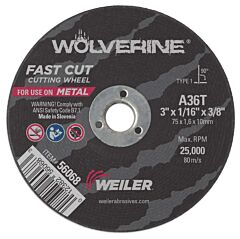 Weiler 56068 Wolverine™ Flat Type 1 Cutting Wheel, 3 In Dia, 1/16 Thick, 3/8 Arbor, 36 Grit
