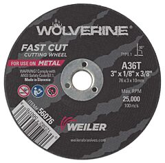 Weiler 56076 Wolverine® Flat Type 1 Cutting Wheel, 3 In Dia, 1/8 In Thick, 3/8 Arbor, 36 Grit