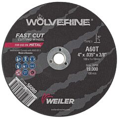 Weiler 56080 Wolverine™ Flat Type 1 Cutting Wheel, 4 In Dia, .035 Thick, 3/8 Arbor, 60 Grit
