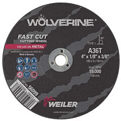 Weiler 56099 Wolverine® Ao Flat Type 1 Cutting Wheel, 4 In Dia, 1/8 Thick, 3/8 Arbor, 36 Grit