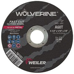 Weiler 56103 Wolverine™ Flat Type 1 Cutting Wheel, 4-1/2 In Diameter, 1/16 In Thick, 60 Grit, Alum Oxide