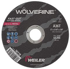 Weiler 56118 Wolverine® Ao Flat Type 1 Cutting Wheel, 5 In Diameter, 1/16 In Thick, 36 Grit, Alum Oxide