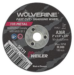 Weiler 56131 Portable Snagging Wheel, 2 In Dia, 1/4 In Thick, 36 Grit Alum. Oxide