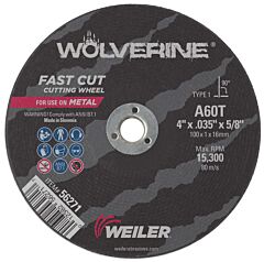 Weiler 56271 Wolverine™ Flat Type 1 Cutting Wheel, 4 In Dia, .035 Thick, 5/8 Arbor, 60 Grit