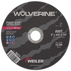 Weiler 56273 Wolverine® Ao Flat Type 1 Cutting Wheel, 6 In Dia, 0.045 In Thick, 7/8 In Arbor, 60 Grit