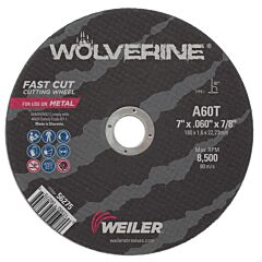 Weiler 56275 Wolverine™ Flat Type 1 Cutting Wheel, 7 In Dia X 0.045 In, 7/8 In Arbor, 60 Grit, Aluminum Oxide, T Hardness