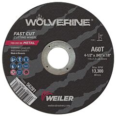 Weiler 56281 Wolverine® Ao Flat Type 1 Cutting Wheel, 4-1/2 In Dia, 0.045 In Thick, 7/8 In Arbor, 60 Grit