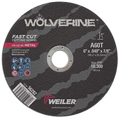 Weiler 56282 Wolverine® Ao Flat Type 1 Cutting Wheel, 6 In Dia, 0.040 In Thick, 7/8 In Arbor, 60 Grit