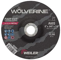 Weiler 56283 Wolverine Thin Cutting Wheels, 6 In X .045 In, 7/8 Arbor, 60 Grit, S, Type 27