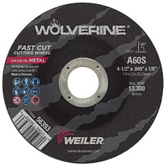 Weiler 56393 Wolverine™ Thin Cutting Wheel, 4-1/2 In Dia, .045 In Thick,7/8 In Arbor, 60 Grit