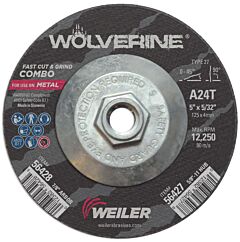 Weiler 56427 Wolverine Combo Wheels, 5 In Dia, 1/8 In Thick, 5/8 In Arbor, 24 Grit, T