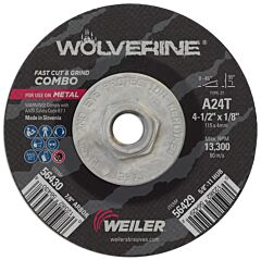 Weiler 56429 Wolverine™ Combo Wheel, 4-1/2 In Dia, 1/8 Thick, 5/8 In - 11 Unc Arbor, 24 Grit