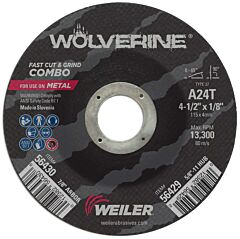 Weiler 56430 Wolverine® Combo Wheel, 4 1/2 In Dia, 1/8 In Thick, 7/8 In Arbor, 24 Grit, R
