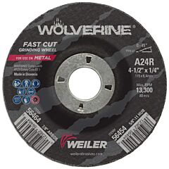 Weiler 56464 Wolverine™ Grinding Wheel, 4-1/2 In Dia, 1/4 In Thick, 7/8 In Arbor, 24 Grit