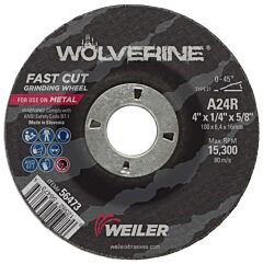 Weiler 56473 Wolverine® Grinding Wheel, 4 In Dia, 1/4 In Thick, 5/8 In Arbor, 24 Grit, R