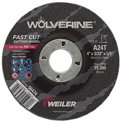 Weiler 56474 Wolverine® Grinding Wheel, 4 In Dia, 3/32 In Thick, 5/8 In Arbor, 24 Grit, T