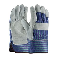 Pip 82-7763/M Superior Grade Split Cowhide Leather Double Palm Gloves With Fabric Back, Rubberized Safety Cuff, Blue, Size Medium