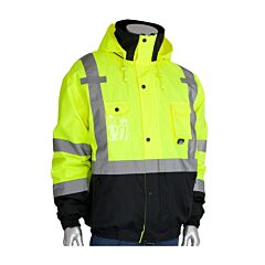 Pip 333-1770-Ly/2X Ansi Type R Class 3 Rip Stop Premium Plus Bomber Jacket With Zip-Out Fleece Liner And "D" Ring Access, Hi Vis Yellow, Size 2X-Large, 1 Each