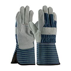 Pip 82-7663/M Superior Grade Split Cowhide Leather Palm Gloves With Fabric Back, Rubberized Gauntlet Cuff, Blue, Size Medium
