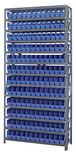 Quantum 1275-100Bl Steel Shelving Unit, 12" X 36" X 75", With 144 Qsb100 Blue Bins