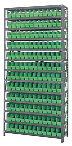 Quantum 1275-100Gn Steel Shelving Unit, 12" X 36" X 75", With 144 Qsb100 Green Bins