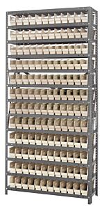 Quantum 1275-100Iv Steel Shelving Unit, 12" X 36" X 75", With 144 Qsb100 Ivory Bins