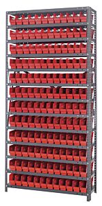 Quantum 1275-100Rd Steel Shelving Unit, 12" X 36" X 75", With 144 Qsb100 Red Bins