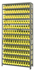 Quantum 1275-100Yl Steel Shelving Unit, 12" X 36" X 75", With 144 Qsb100 Yellow Bins