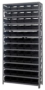 Quantum 1275-102Bk Steel Shelving Unit, 12" X 36" X 75", With 60 Qsb102 Black Bins