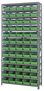 Quantum 1275-102Gn Steel Shelving Unit, 12" X 36" X 75", With 60 Qsb102 Green Bins