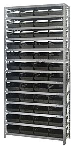 Quantum 1275-107Bk Steel Shelving Unit, 12" X 36" X 75", With 48 Qsb107 Black Bins