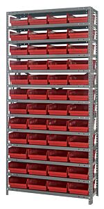 Quantum 1275-107Rd Steel Shelving Unit, 12" X 36" X 75", With 48 Qsb107 Red Bins