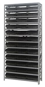 Quantum 1275-109Bk Steel Shelving Unit, 12" X 36" X 75", With 36 Qsb109 Black Bins
