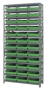 Quantum 1275-109Gn Steel Shelving Unit, 12" X 36" X 75", With 36 Qsb109 Green Bins