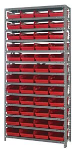 Quantum 1875-108Rd Steel Shelving Unit, 18" X 36" X 75", With 48 Qsb108 Red Bins