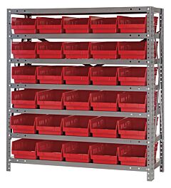 Quantum 1839-104Rd Steel Shelving Unit, 18" X 36" X 39", With 30 Qsb104 Red Bins