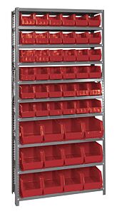 Quantum Qsbu-230240Rd Steel Shelving Unit With Open Hopper Style Bins, 12"D-10 Shelf, 36 Qus230/12 Qus240 Red Bins